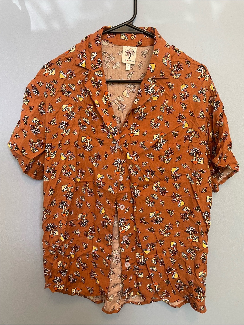 Rust Orange Mushroom Print Short-Sleeve Button-Up Shirt